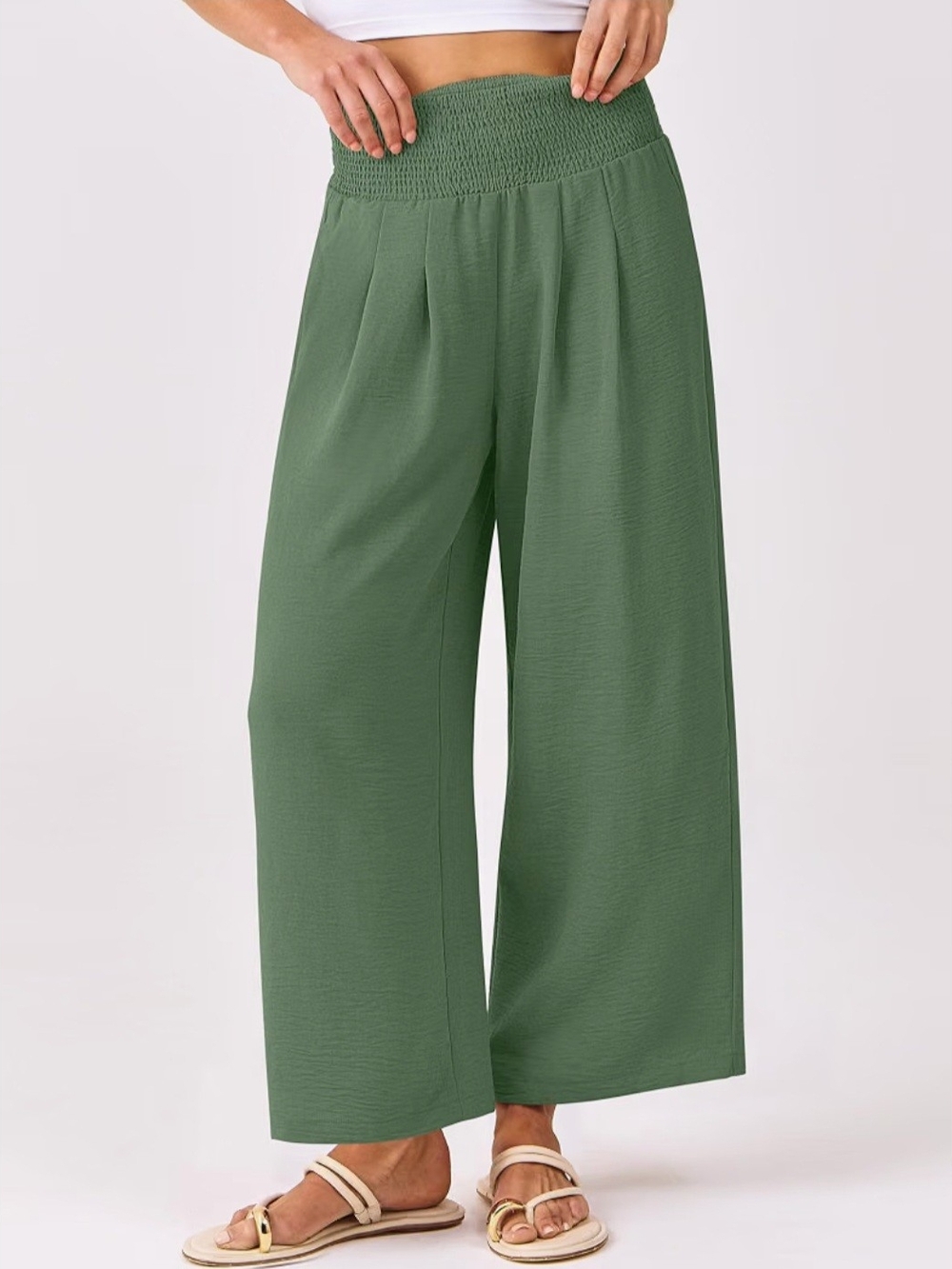 Wide-Leg Palazzo Pants With Pockets- Green